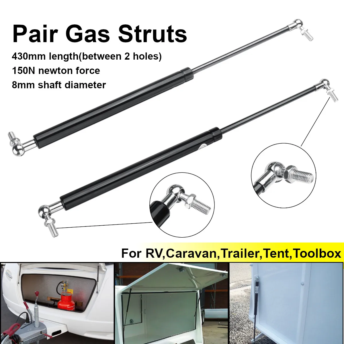 

2pcs 440mm Gas Spring Support Tail Strut Bar 150N Shaft For RV Caravan Trailer Tent Toolbox
