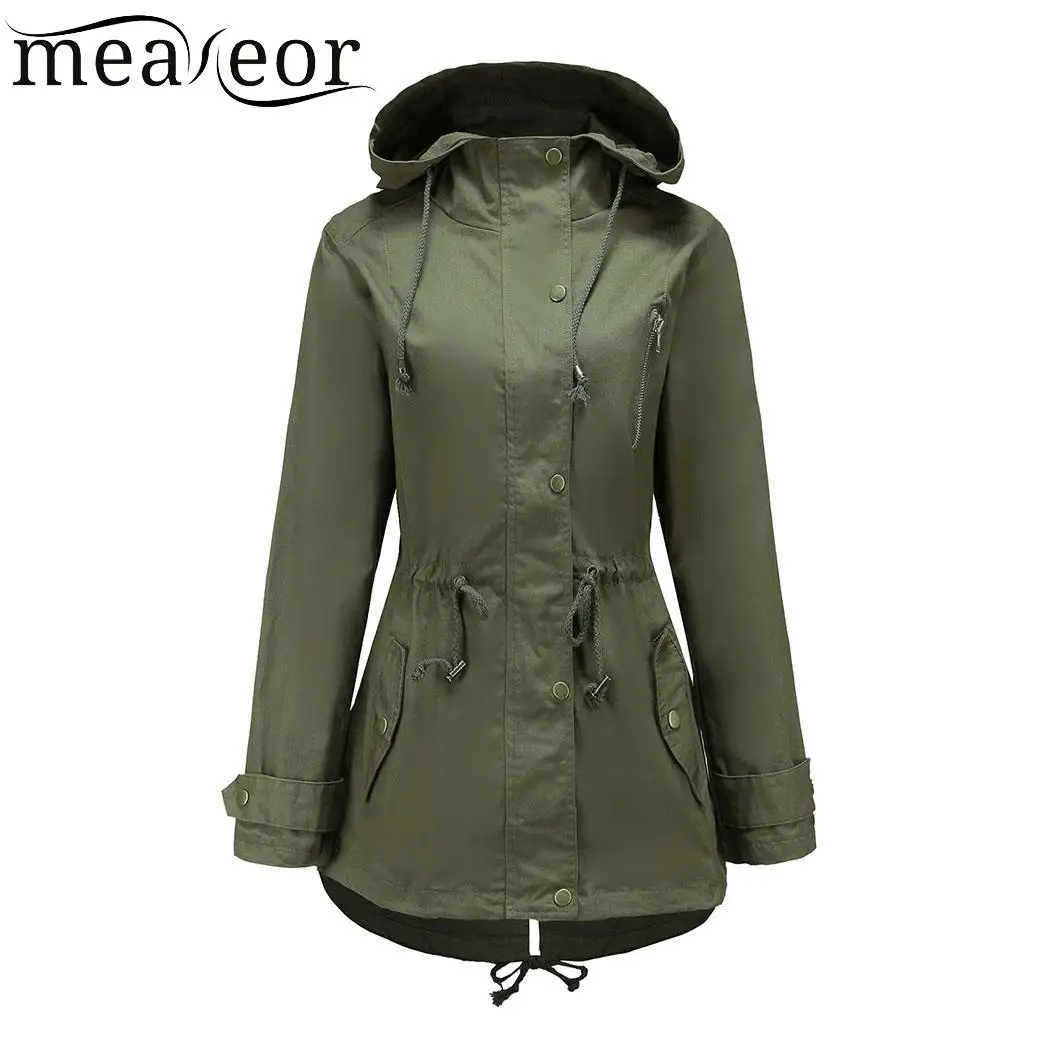 

Meaneor Casual Women Hooded Jackets Drawstring Zip Coat with Side Pocket Autumn Windbreaker Solid Spring Overcoat Autumn Jackets