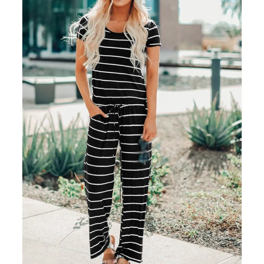 Fashion 2019 Summer Women Striped Jumpsuit Casual Short Sleeve Tracksuit Overalls Loose O Neck Long Romper Fashion 2019 Summer Women Striped Jumpsuit Casual Short Sleeve Tracksuit Overalls Loose O Neck Long Romper