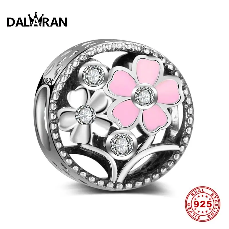 

DALARAN Pink Flower Charms 925 Sterling Silver Beads Fit DIY Bracelet Necklace For Women Jewelry Making Valentine'S Day Gift