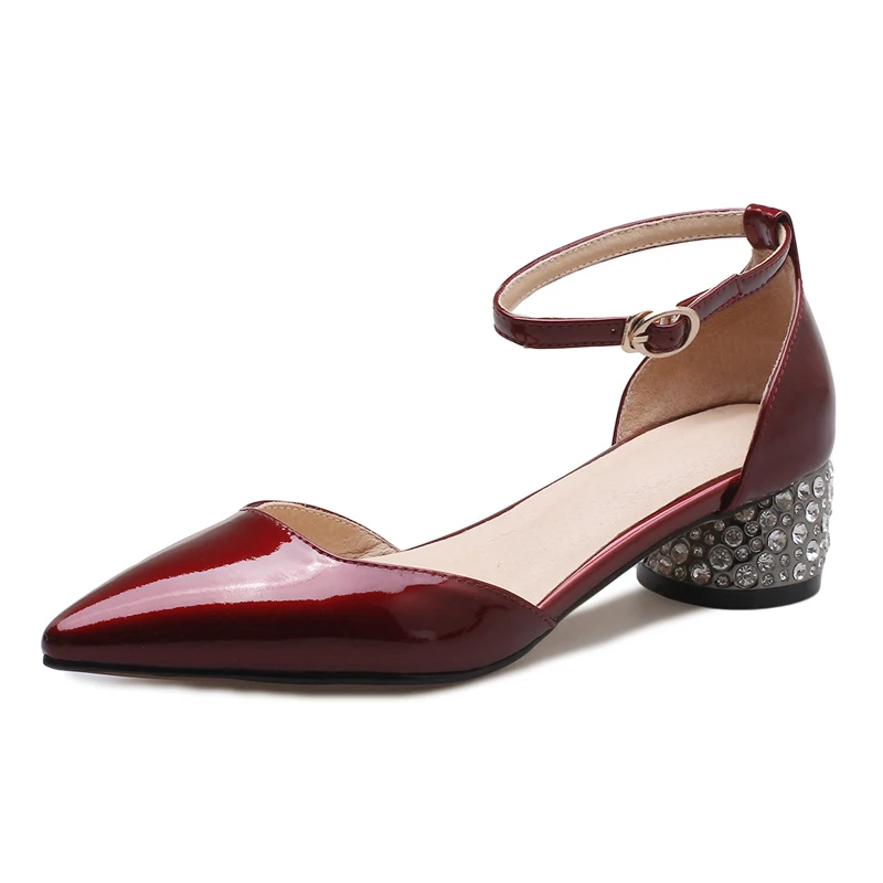

Women's Red Leather Pumps 4.5 CM Chunky Heels Pointed-toe Summer Buckle Sandals Sexy Ladies Party Shoes Box Packing 183