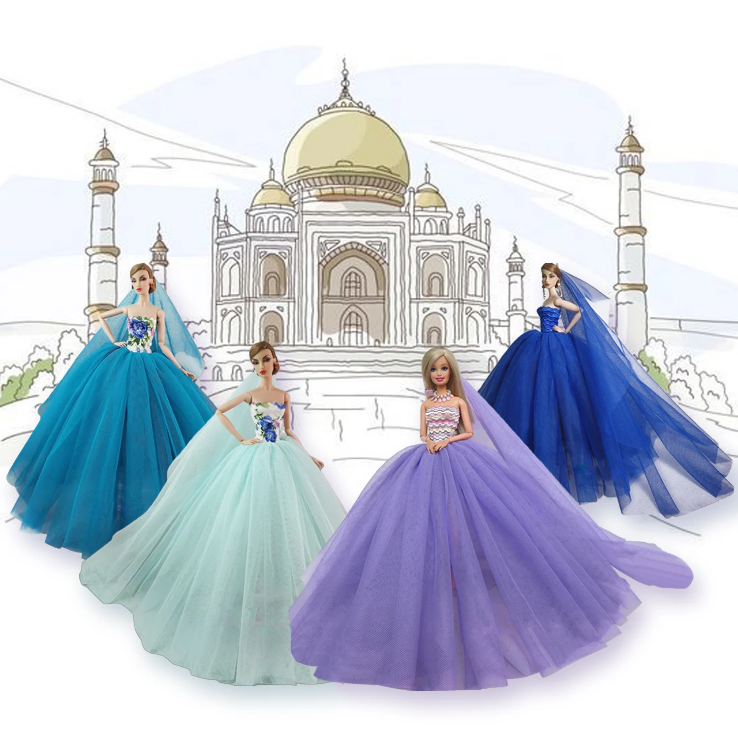 

Besegad Mini Girl Doll Long Lace Gauze Wedding Dress Mutil-layer Princess Evening Dresses Clothes Accessories for Barbie Toy