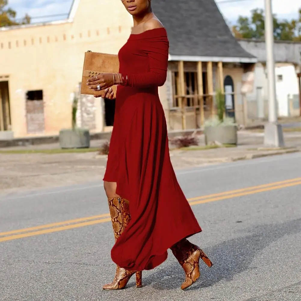 

Sexy Off Shoulder Solid Color Spring Summer Women Dresses Long Sleeve Front Short Irregular Back Lady Evening Party Long Dress