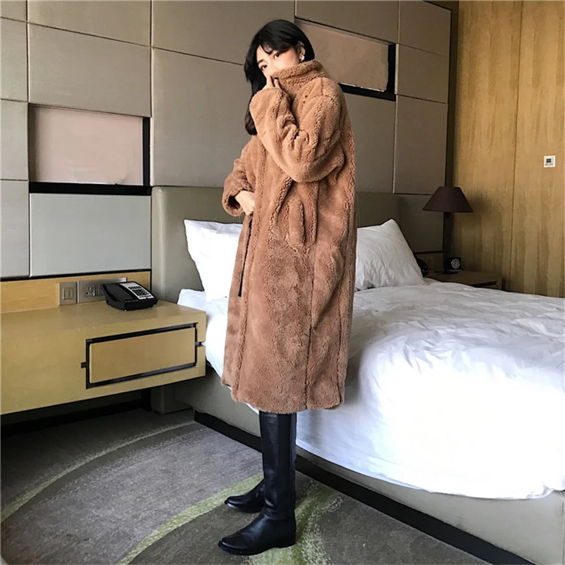 2018 Winter New Long Warm Coat Teddy Bear Faux Fur Women Coat With Pocket Camel Thicken Warm Plush Overcoat