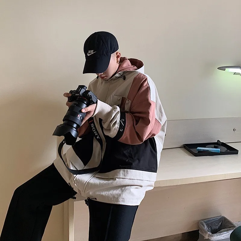 2019 Japanese Style Men's Streetwear Bomber Jackets Patchwork Pockets Coats Retro Harajuku Hooded Outwear Windbreaker Size M-XL