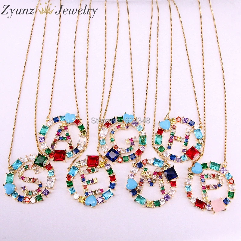 

5PCS ZYZ336-7710 Rainbow Square Crystal Zircon Letter Alphabet Pendant Necklace, Intitial Letter CZ Stone Round Jewelry Pendant