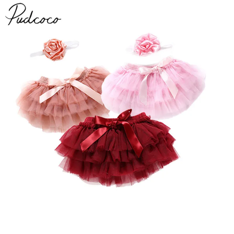 

2019 Brand New Infant Baby Girl Skirt Headband 2PCS Layer Ballet Dance Solid Lace Bowknot Tulle Chiffon Skirt Photo Props 0-24M