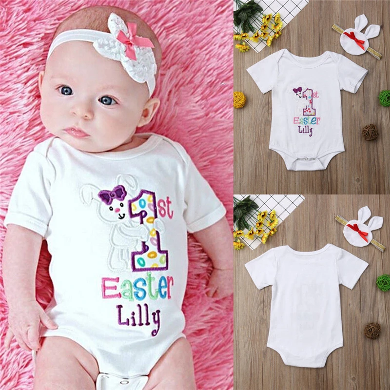 

2019 New Brand Newborn Baby Girl Clothes Easter Jumpsuit Romper Cute Soft Bodysuit + Headband Outfits New Born Summer Bodysuit