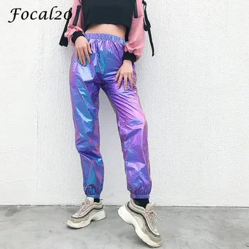 

Focal20 Harajuku 2019 Summer Shiny Laser Pants Women Pants Trousers Elastic Waist Sporting Female Jogger Pants Trousers
