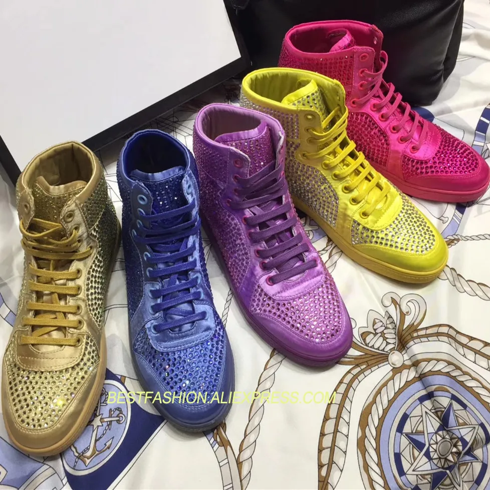 

Hot Spring Autumn Shoes Woman High Top Crystal Lace Up Flats Round Toe Designer Woman Casual Brand Street Dance Shoes Tide