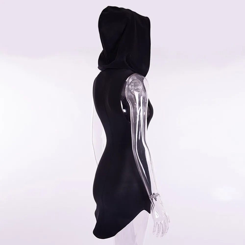 Rosetic Сексуальное Тонкое Короткое Мини Платье асимметричное с капюшоном Harajuku Goth
