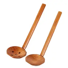 2PCS Nature Wood Colander Ramen Long Handle Scoop Hot Pot Spoon Colander Style Soup Spoon Container Kitchen Tools Wood Ladle