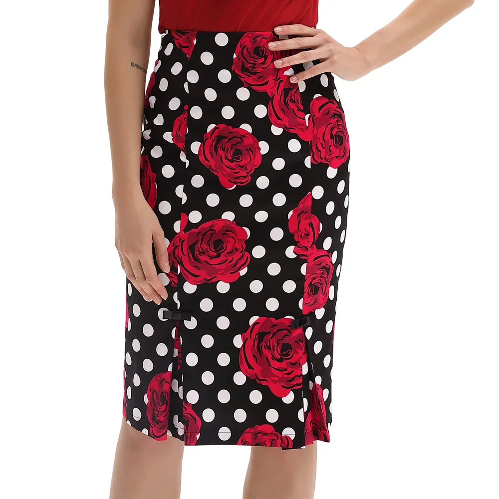 

business skirt office lady wear work party Vintage Retro Floral Pattern Bow-knot Decor Hips-wrapped pencil Cotton Skirts womens