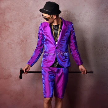 

(jacket+pants) Bright purple male suit Silk fabric slim tide stage sets Bar Nightclub Rock show costumes Prom performance outfit