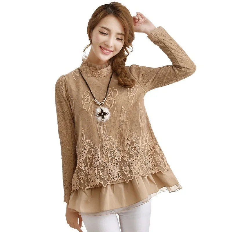 Big Size Loose For 2018 Clothes Spring Autumn Winter women Korean Turtleneck Pullover Chiffon Largas Long Sleeve Lace Blouse |