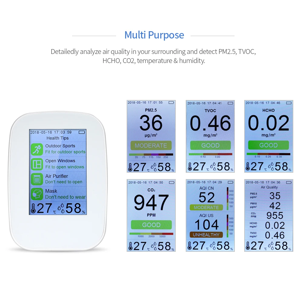 

KKMOON D9-H Multifunctional Air Quality Detector Indoor Outdoor HCHO TVOC Tester CO2 Meter Monitor Tester for Smart Home Thermometer Hygrometer