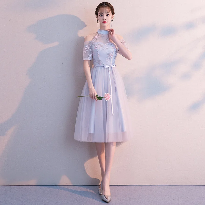 Bridesmaid Dress Halter Neck Girlfriends Light Gray Lace Bridesmaid Dresses Sister Group Party Dress Shoort Sleeve Mingli Tengda