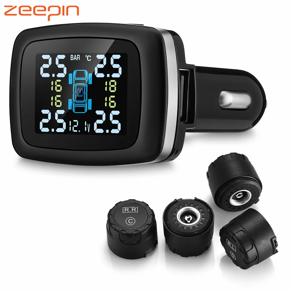 

Original ZEEPIN C100 Tire Pressure Monitoring System Cigarette Lighter Plug TPMS USB LCD Screen Display 4 External Sensors