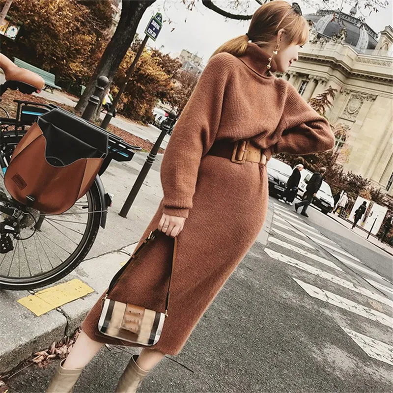 2018 Women Pullover Warm Winter Sweater Dress Casual Belt Christmas Turtleneck Long Sleeve OL Solid Slim Sweater Knitted Dresses
