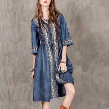 

MISSKY Women Summer Dress Three Quarter Sleeve Ethnic Style Embroidered Drawstring Leisure Dress Female Clothes