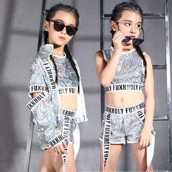 

Songyuexia Sparkly children's Jazz Modern Dance Costumes Girls Jazz Sequins alphabet band hip hop Street Dance costume