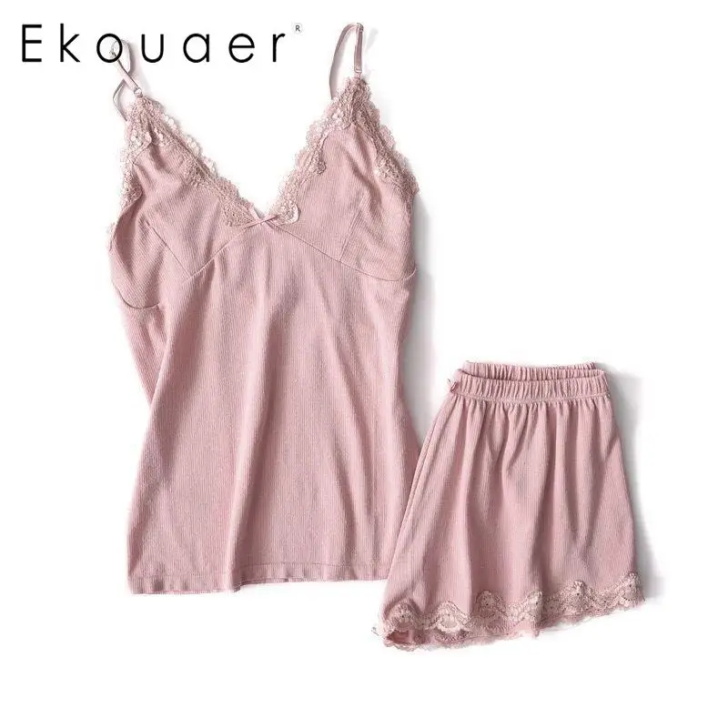 

Ekouaer Summer Sleepwear Women Sexy Pajama V Neck Adjustable Spaghetti Strap Top Elastic Waist And Shorts Lace Pajamas Set
