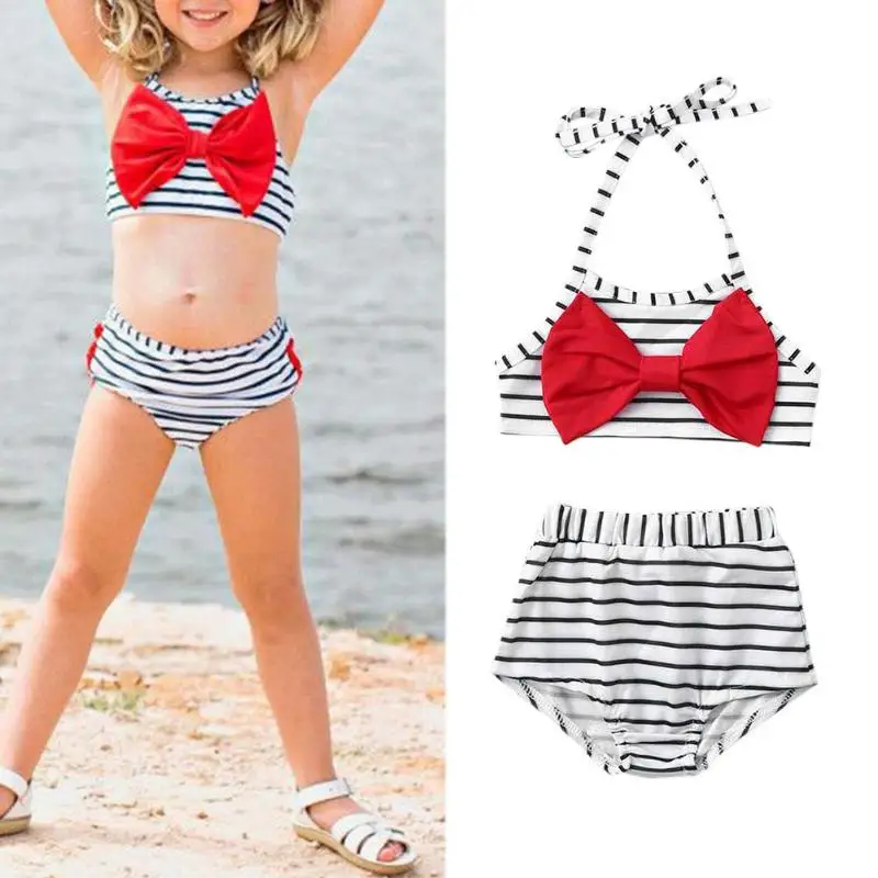 

2pcs Baby Girl Halter Swimsuit Bowknot Striped Bathing Suits for Children Two Pieces Swimwear Beach Bikini Set Girls Infant Suit
