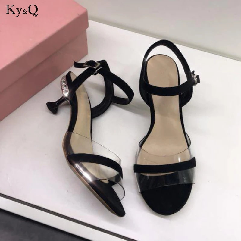 

2019 Summer New Ladies Roman Wind Buckle With Comfortable Fine Heel Rhinestone Transparent Casual Open Toe Sandals 3-5cm
