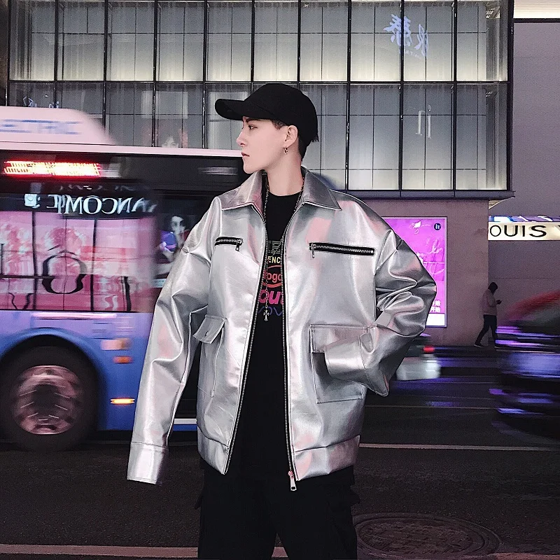 

Men's Jacket 2019 Spring New Solid Color Original Patent Leather Short Paragraph Lapel Jacket Personality Casual Men's Clothing