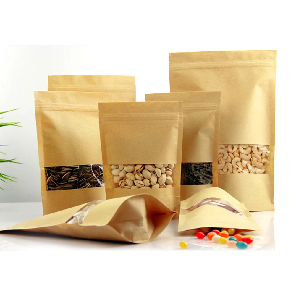 

50Pcs Shopping Food Storage Kraft Paper Bag Zip Lock Practical Recyclable Pouch Stand Party Tea Package Resealable #05