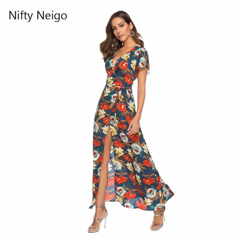 

Nifty Neigo Bohemian Sexy Maxi Dress Deep V Neck Split Floral Long Dress Women Summer Spring Beachwear