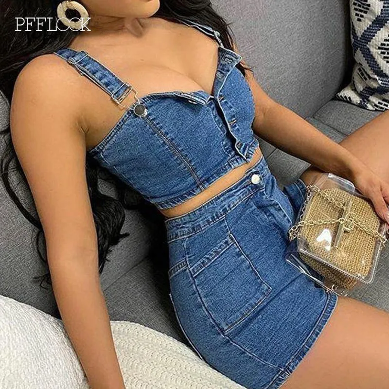 PFFLOOK летние однотонные сексуальные женские джинсовые комплект из двух предметов
