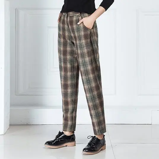 

Shuchan Plaid Warmed Women's Pants 70% Woolen Women's Winter Fashion 2018 High Waist Trousers For Women Harem Pants winter