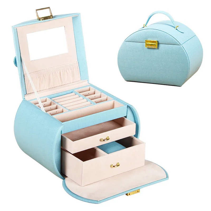 Ceny Automatyczne skórzane pudełko z biżuterią trzy pudełko do przechowywania z warstwową konstrukcją na kolczyki damskie Ring organizer na kosmetyki trumna na ozdoby