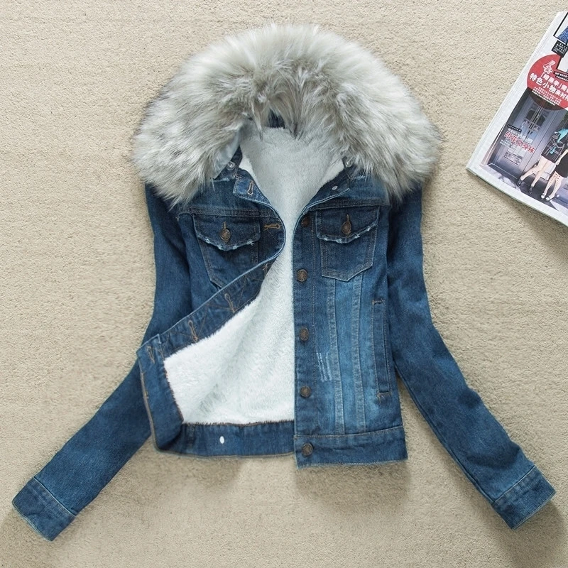 Best  New Denim Jacket Fur Collar Warm Parka Winter Basic Bomber Jean Coat Women Lamb Fur Padded Outwear 