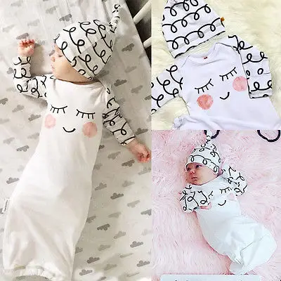2019 2PCS Newborn Baby Clothes Set Long Sleeve Sleepy Pajamas Bedgown + Hat Set Baby Unisex Night Robe