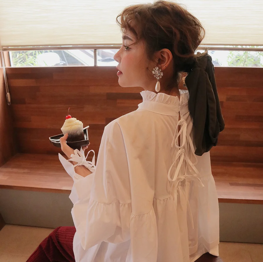  SuperAen Korean Style Women Shirt Solid Color Cotton Casual Wild Stand Collar Blouses and Tops Fema