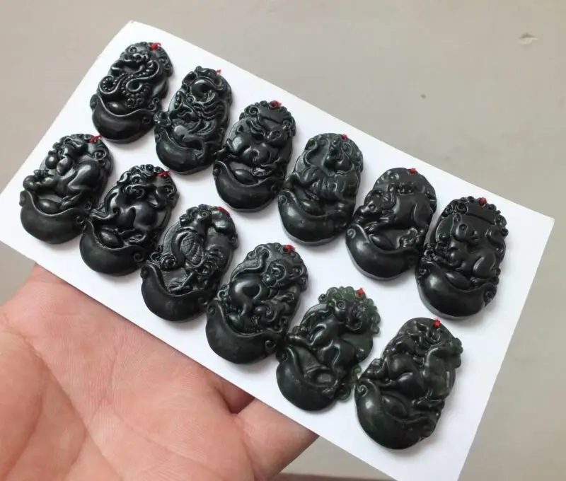 

12pc Chinese Obsidian Jade Handcarved Chinese Zodiac Necklace Pendant