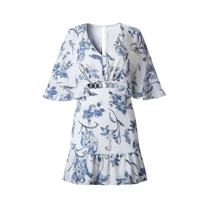 

Summer Women Mini Dresses Casual Elegant Boho OL Lady Sweet Party Pink Aline Batwing Sleeve Hollow Backless Print Floral Dress