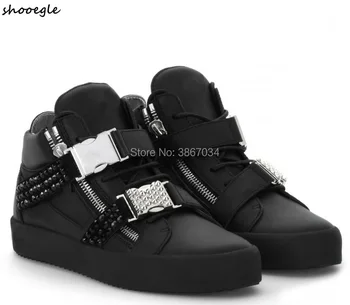 

SHOOEGLE DJ Men Shoes Sequined Buckled Sneakers Black Gold White Ankle Boots Rivet Studded Thick Flats Motorcycle Cool Shoes Men