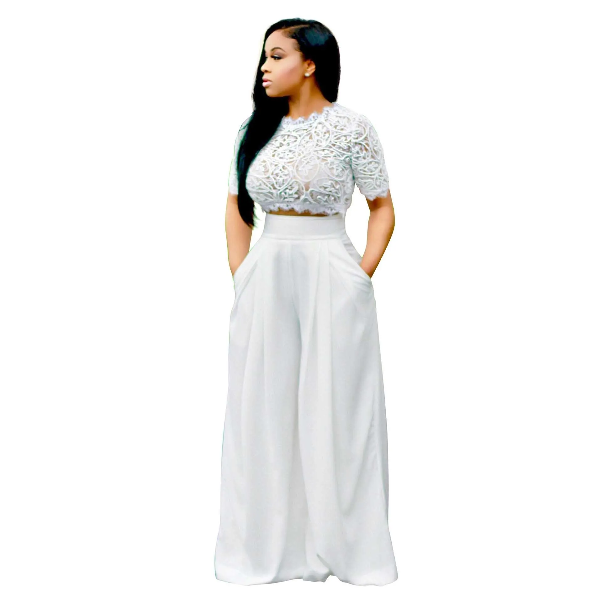 Two Piece Set Women Crop Top Fashion Short Sleeve White Lace Set Loose ...
