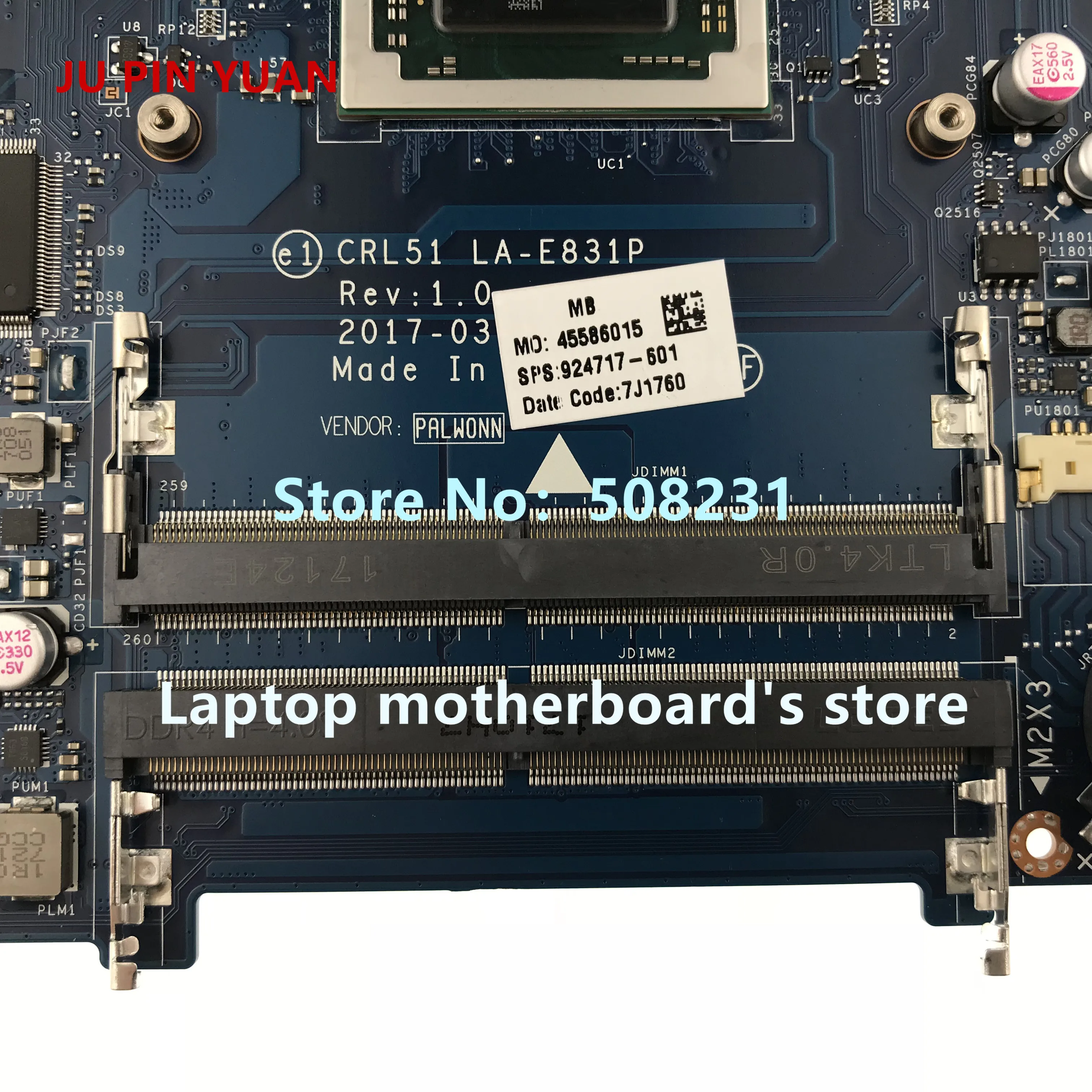 Cheap  JU PIN YUAN 924717-601 CRL51 LA-E831P mainboard For HP NOTEBOOK 15-BW 15-BW033WM Laptop Motherboard