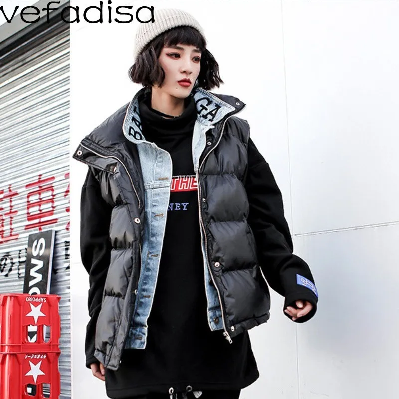 

Vefadisa Winter Fake Two Pieces Cotton Vest Women Solid Black Sleeveless Vest BF Cardigans Waistcoat Fake Cowboy Jacket ZLD287