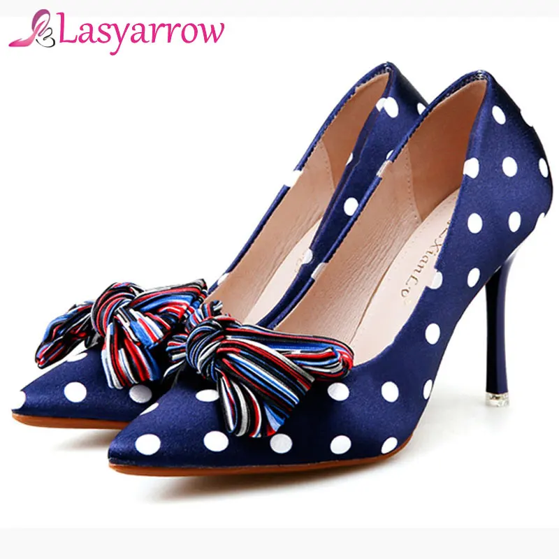 

Lasyarrow 2019 Spring New Pointed Toe Butterfly-knot Mixed Colors Polka Dot Thin Heel High Heels Female Pumps Elegant Party Shoe