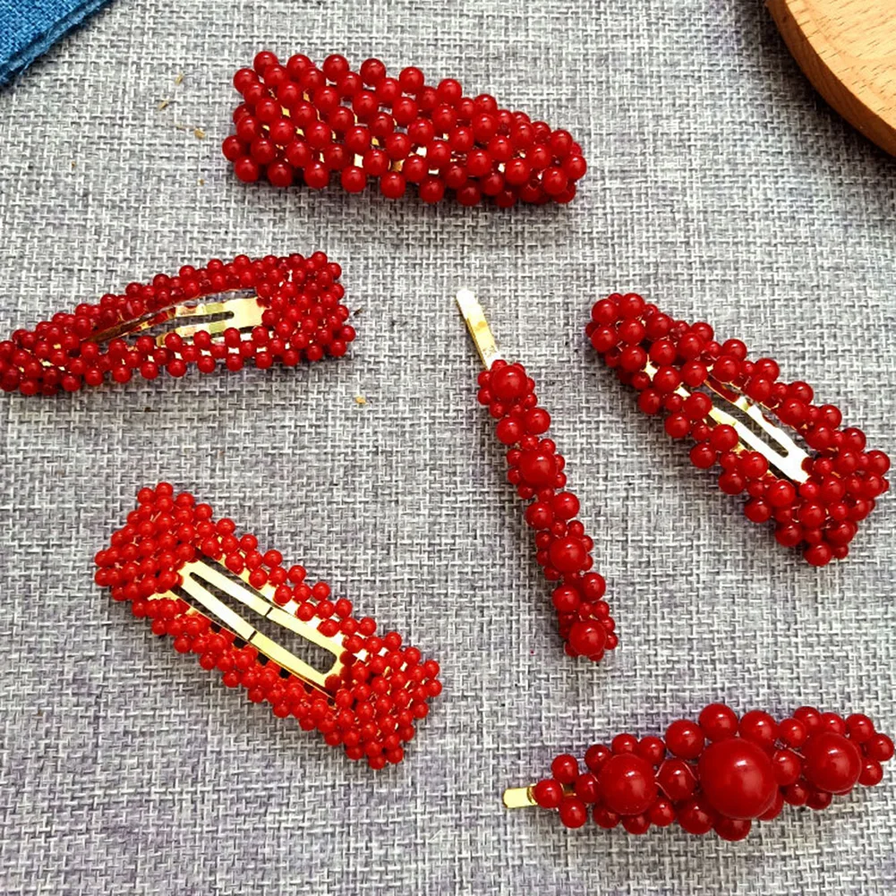 

1PC Fashion Hairpins Geometric Red Hair Clip Handmade Pearls Hairpin Barrettes Hairgrip Girls Gifts Hairgrip Elegant Barrettes