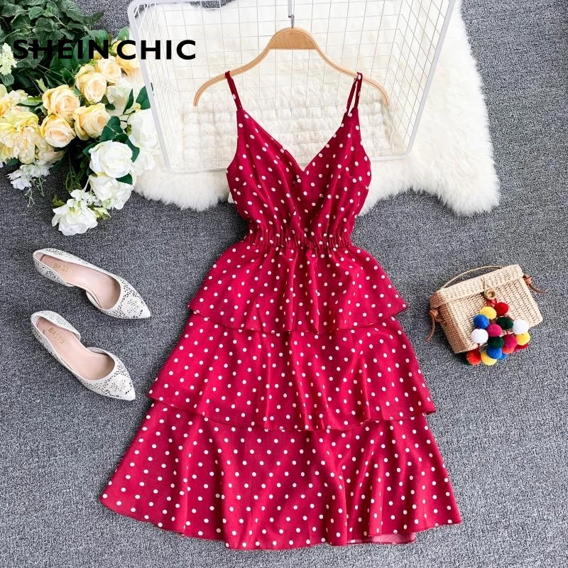 

Bohemian Summer Vacation Women Dress Sexy Spaghetti Strap V Neck Dress White Black Polka Dot Cascading Ruffles Dress Vestido