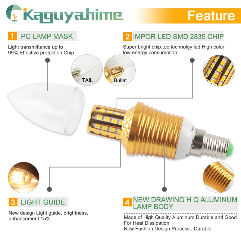 Kaguyahime светодиодный светильник в форме свечи E14, золотой алюминий, 9 Вт, 12 Вт, светодиодный светильник, 220 В, светодиодный светильник, холодный, теплый, белый, лампада, Bombillas Lumiere