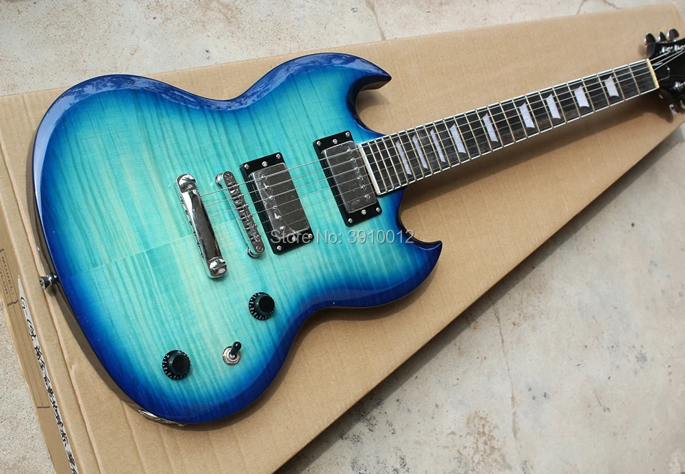 Factory High Quality Blue Electric Guitar with Flame Maple Veneer,Chrome Hardware,White Pearl Trapezoid Fret Inlay Factory High Quality Blue Electric Guitar with Flame Maple Veneer,Chrome Hardware,White Pearl Trapezoid Fret Inlay