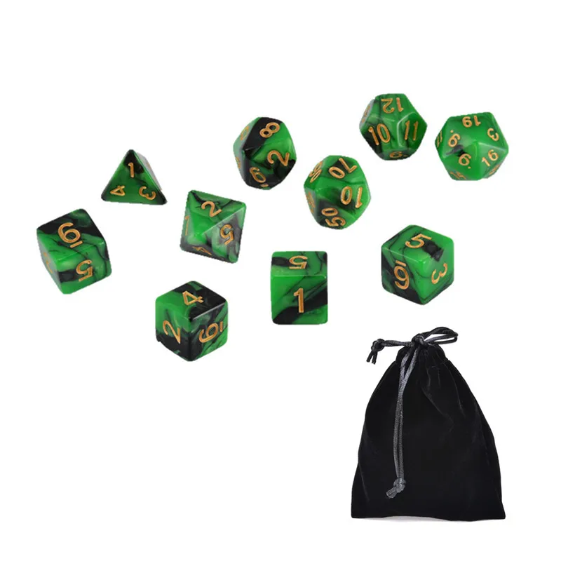 

Hot Sales 10Pcs Polyhedral Dice Dark Green&Black Dungeons and Dragons Polyhedral Dice Sets With Bag