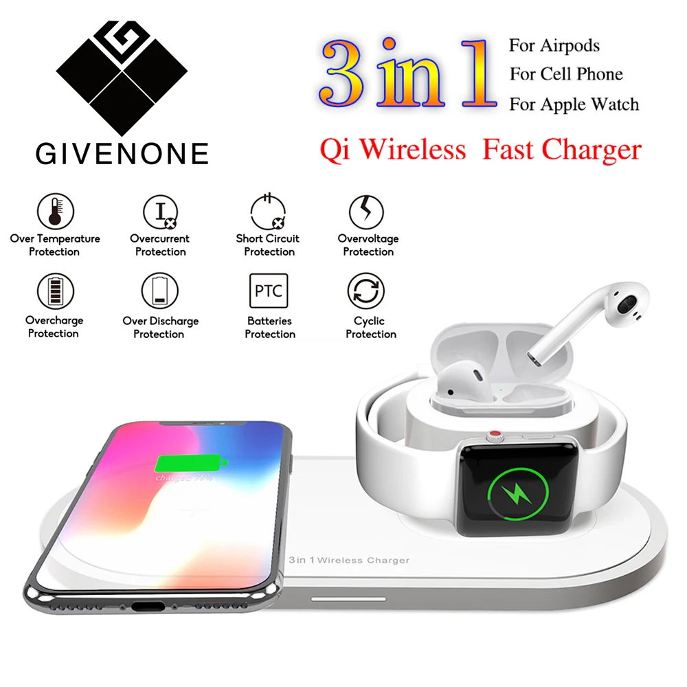 

GIVENONE 3 In 1 Wireless Charger For IPhone XR XS Max For Apple Watch 1 2 3 4 For AirPods Fast Charging For Samsung S10 S9 Plus